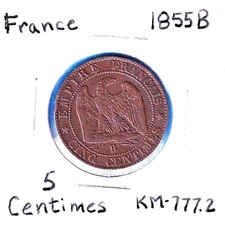 1855B(a) France 5 Centimes (KM-777.2) Bronze [Napoleon III]  Rouen Mint  [eagle]