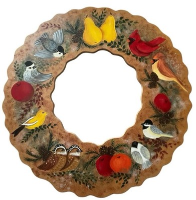 Vtg Americana Folk Art Hand-painted Cardinal Sparrow 18  Decorative Wood Wreath