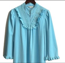 Vtg JC PENNEY Nightgown Mumu Duster Sz MED Velour Long Zip Front Robins Egg Blue