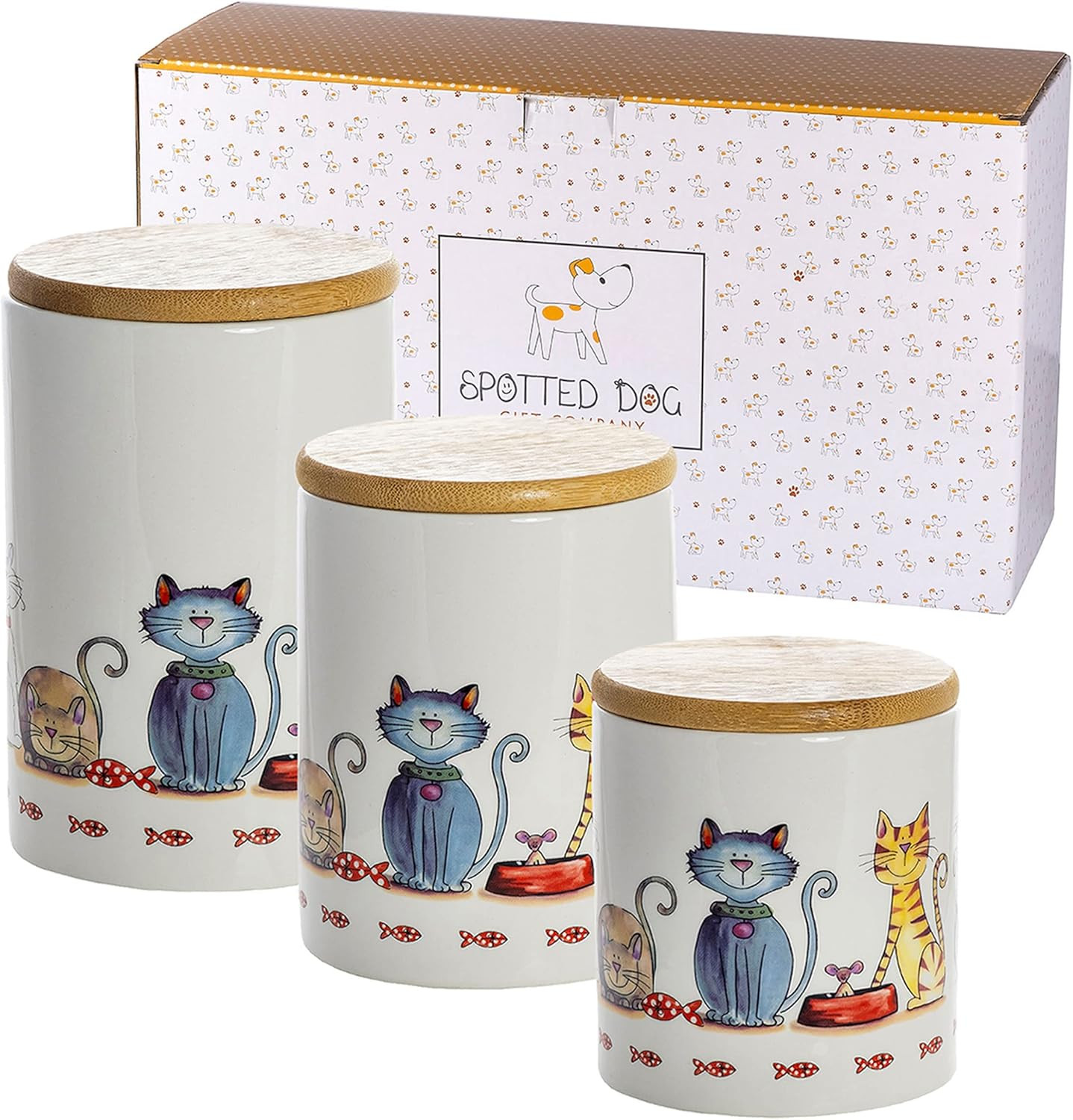 Tris Barattoli Ceramica Gatti per Sale Zucchero Caffè Chiusura Ermetica