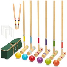 Six Player Croquet Set with Premiun Rubber Wooden Mallets 28In,Colored Ball,W...