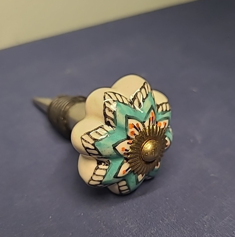 Painted Ceramic and Metal Wine Stopper BOHO White Teal Orange Embellished