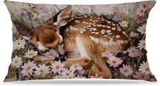 Spring Floral Pillow Covers 20X12,Rustic Farmhouse Decor, Cute Deer Wildflower B