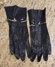 Vintage Womens Size M Black Leather Perforated Tie Wrist Formal Gloves Southwest