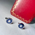 Cartier Double C Cufflinks SV925 Silver Blue Pattern Logo Round 18mm w/ Case