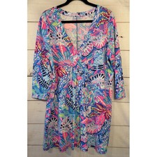 Lilly Pulitzer Pima Cotton V-Neck 3/4 Sleeve Tropical Floral Shift Dress XL