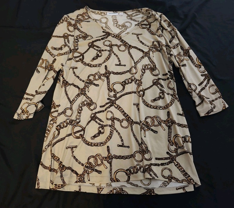 SUSAN GRAVER Womens Basic Blouse Cream & Gold Chain Print Cowl Neck Slit Size L 