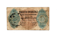 10 LIRE   VG  BANKNOTE FROM  ITALY  1874  PICK-5  RARE