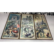 Vtg Framed Watercolor by Marius Girard,Paris, Eiffel Tower and Arc de Triomphe