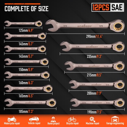 Juego de llaves de trinquete HORUSDY SAE de 12 piezas | 1/4” a 7/8” | Trinquete SAE, dorado  - Imagen 9 de 9