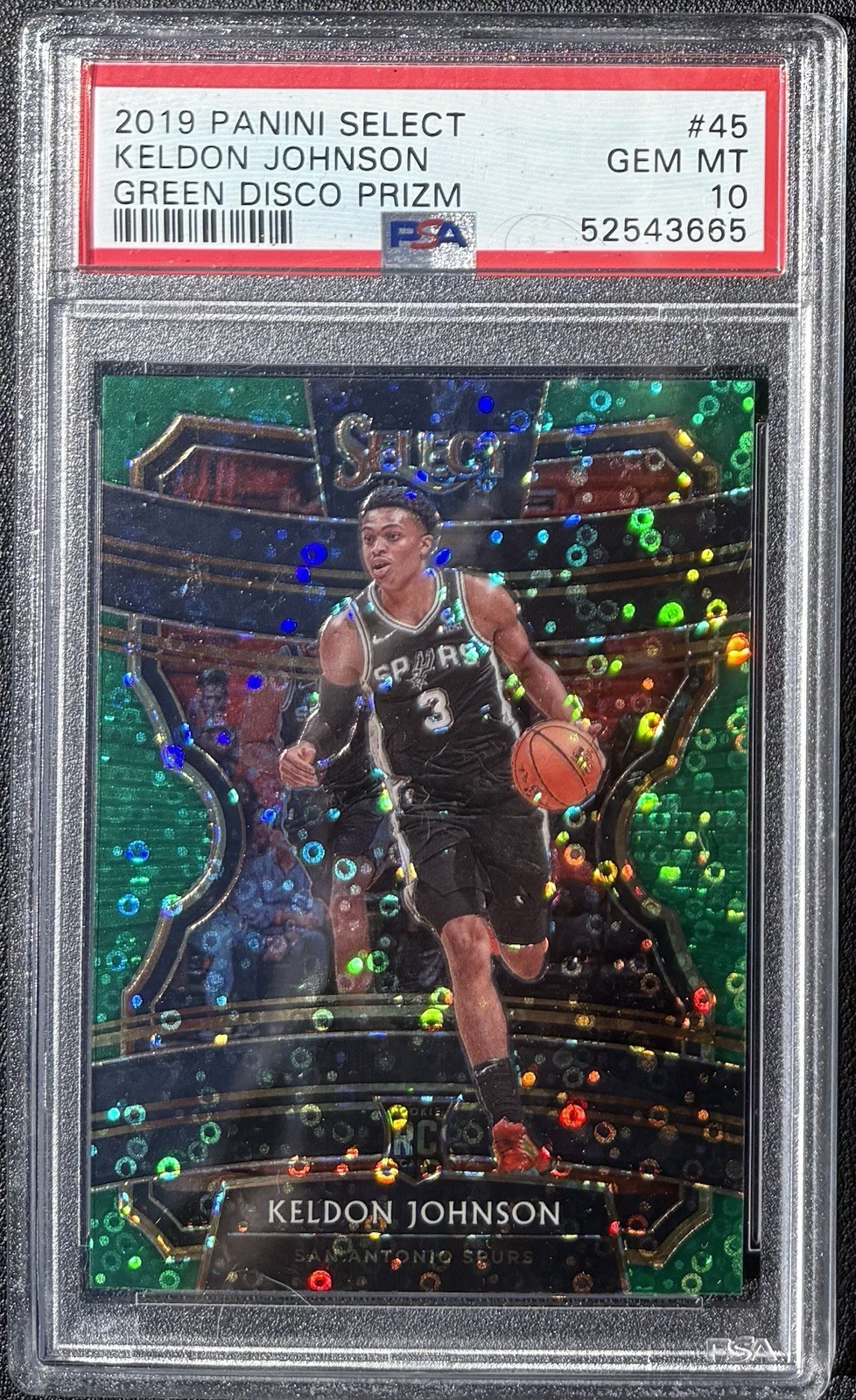 GREEN DISCO PRIZM/5 2019-20 Panini Select #45 Keldon Johnson Spurs RC PSA 10