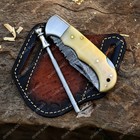 Handmade Damascus Folding Knife With leather Sheath, Hand forged Pocket Knife — photo 3