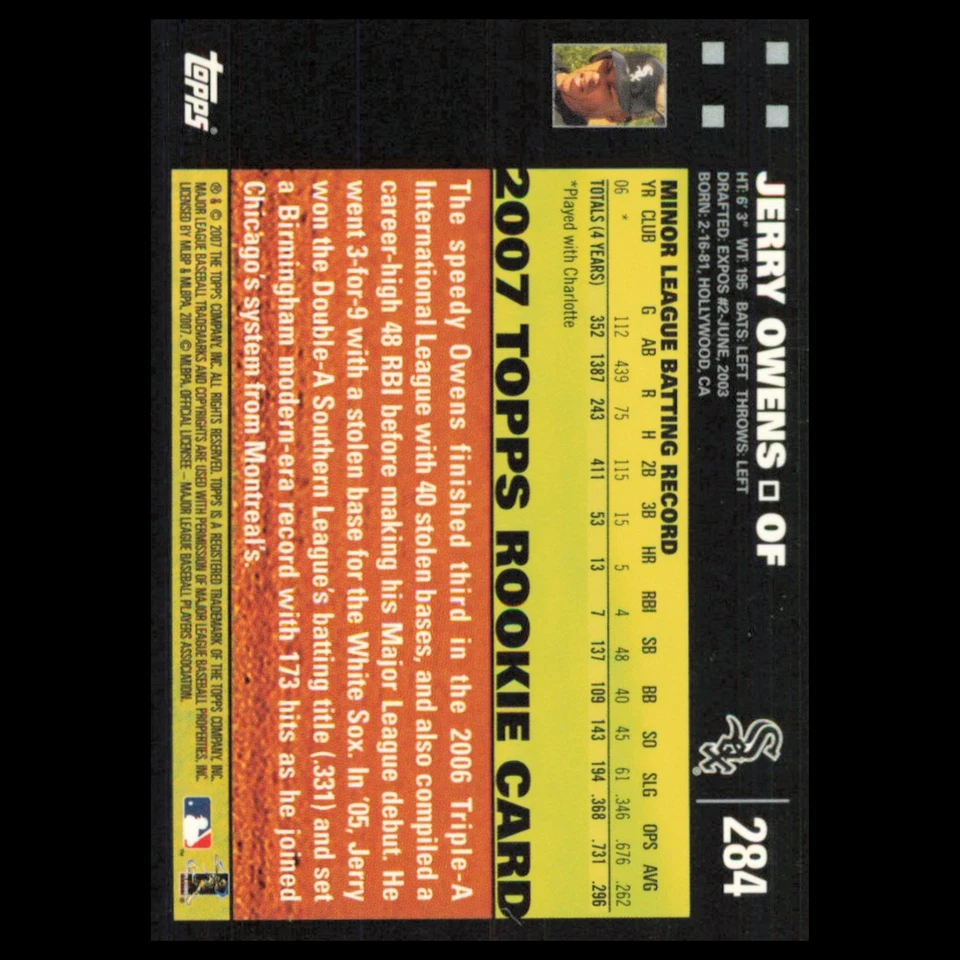 Jerry Owens Rookie #284 2007 Topps Chicago White Sox Baseball Card MLB NM - Image 2 of 3