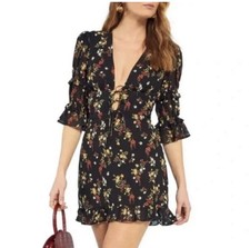 Reformation Floral Print Laurelei Mini Dress Sz 6 Plunge Black NWOT