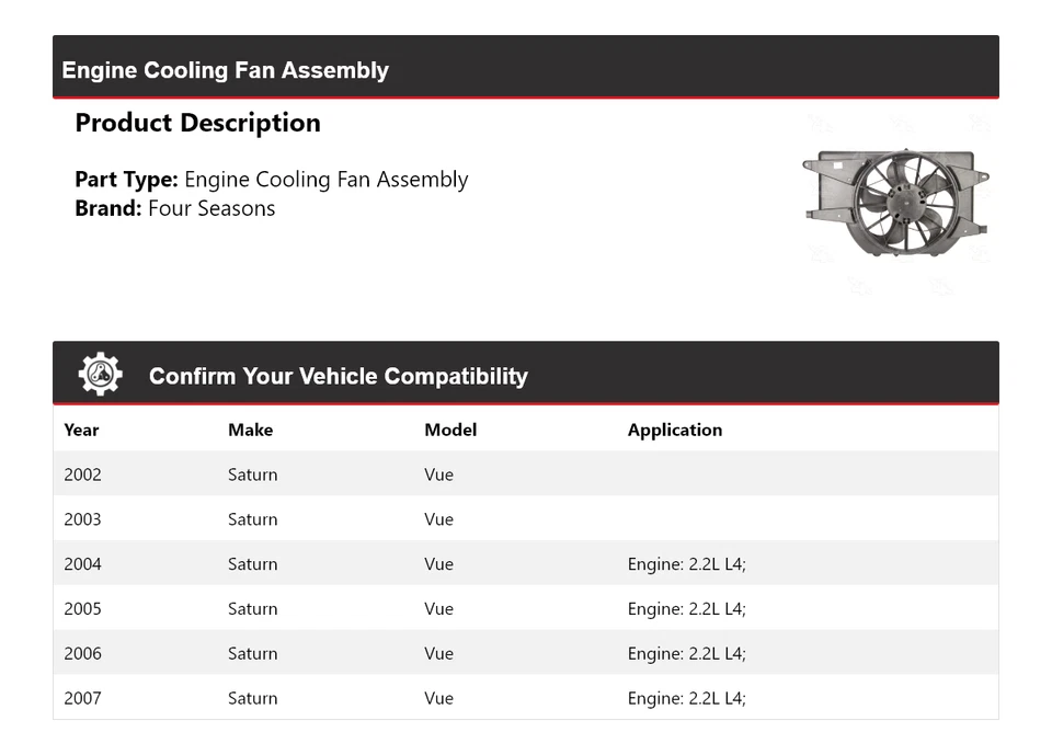 Conjunto de ventilador de refrigeración para motor Saturn Vue 2002-2007 4 estaciones 2003 2004 2005 Foto 2 de 4