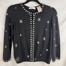 Vintage Sweater Black Beaded Cardigan Sz L Christie Jill Silk Cotton Blend