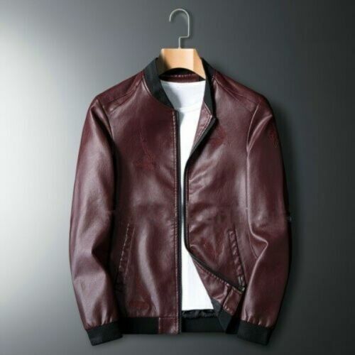 Men's New Burgundy Genuine Lambskin Leather Jacket Slim fit Moto Bomber Jacket - Picture 1 of 7