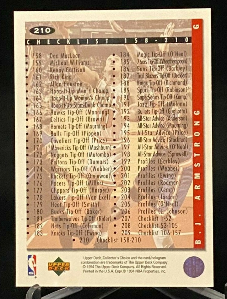 1994-95 Collector's Choice Checklist #210 158-210 B.J. Armstrong