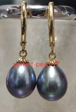 New 11-13mm AAA+ black natural baroque tahitian pearl Dangle earrings 14k gold