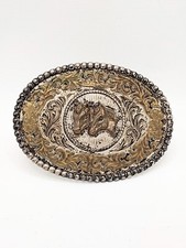 Diablo Engraved Belt Buckle Sterling Silver Overlay Western Horse Heads Pattern