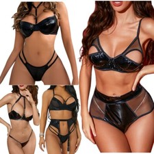 Women Latex Wetlook Bra Harness Lingerie Set PU Thongs G-string Exotic Underwear