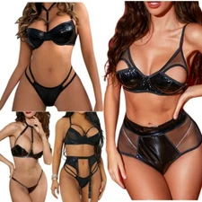 Women Latex Wetlook Bra Harness Lingerie Set PU Thongs G-string Exotic Underwear