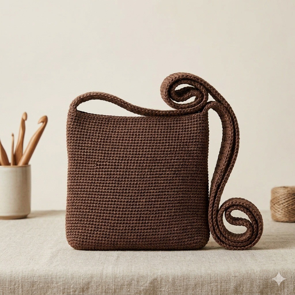 The Sak Crochet Crossbody Bag Chocolate Brown Woven Knit Zip Shoulder Purse