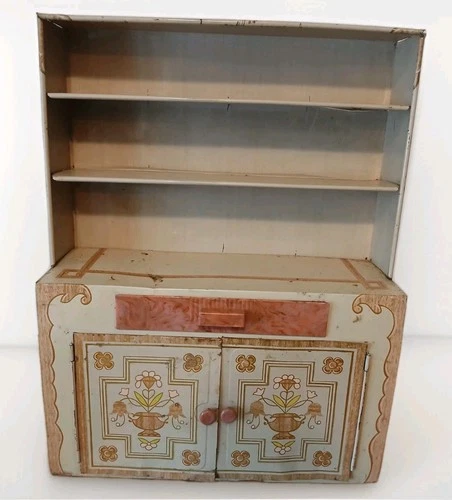 Vintage 1950s Ideal Toy Corp Tin Litho Child’s Kitchen Hutch Cabinet