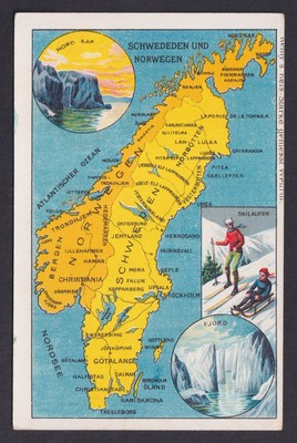 Vintage postcard Scandinavia map Sweden Norway ski scen Nord Kap Fjord