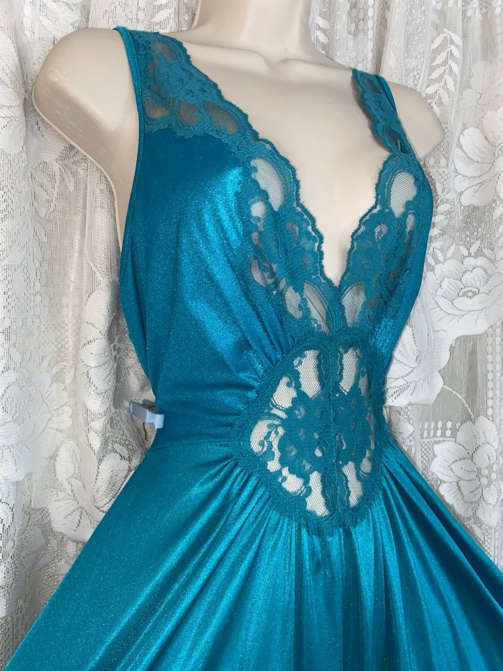 Neglisge VTG L XL ADONNA TEAL SILKY SOFT Full Swp Nightgown Negligee Gown as ...