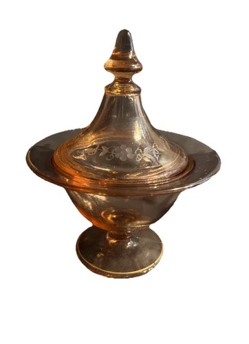 Vintage Imperial Pink Depression Glass Lidded Pedestal Candy Dish Etch Gold Trim