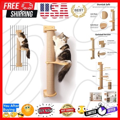 Cat Activity Tree with Scratching Posts, Wall Mounted Jute Scratcher Pine Ham...