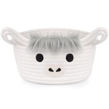 Highland Cow Basket for Nursery, Small Gift Basket Round Woven 9"D  5 "H White