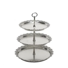 Silver 15" Plastic 3 Tier Metallic Round Cupcake Display Tower Lace Cut Rim