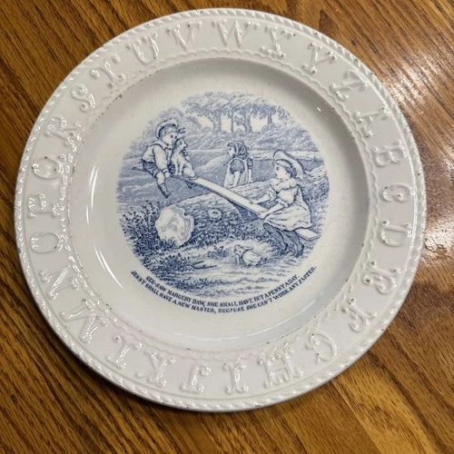 Antique Staffordshire Milk Glass ABC Plate Blue White Transfer Children & Seesaw