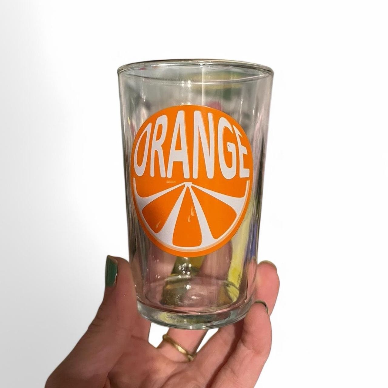 Clear Round Glass Juice Glass with Orange Fruit Pattern, Food/Kitchen Theme