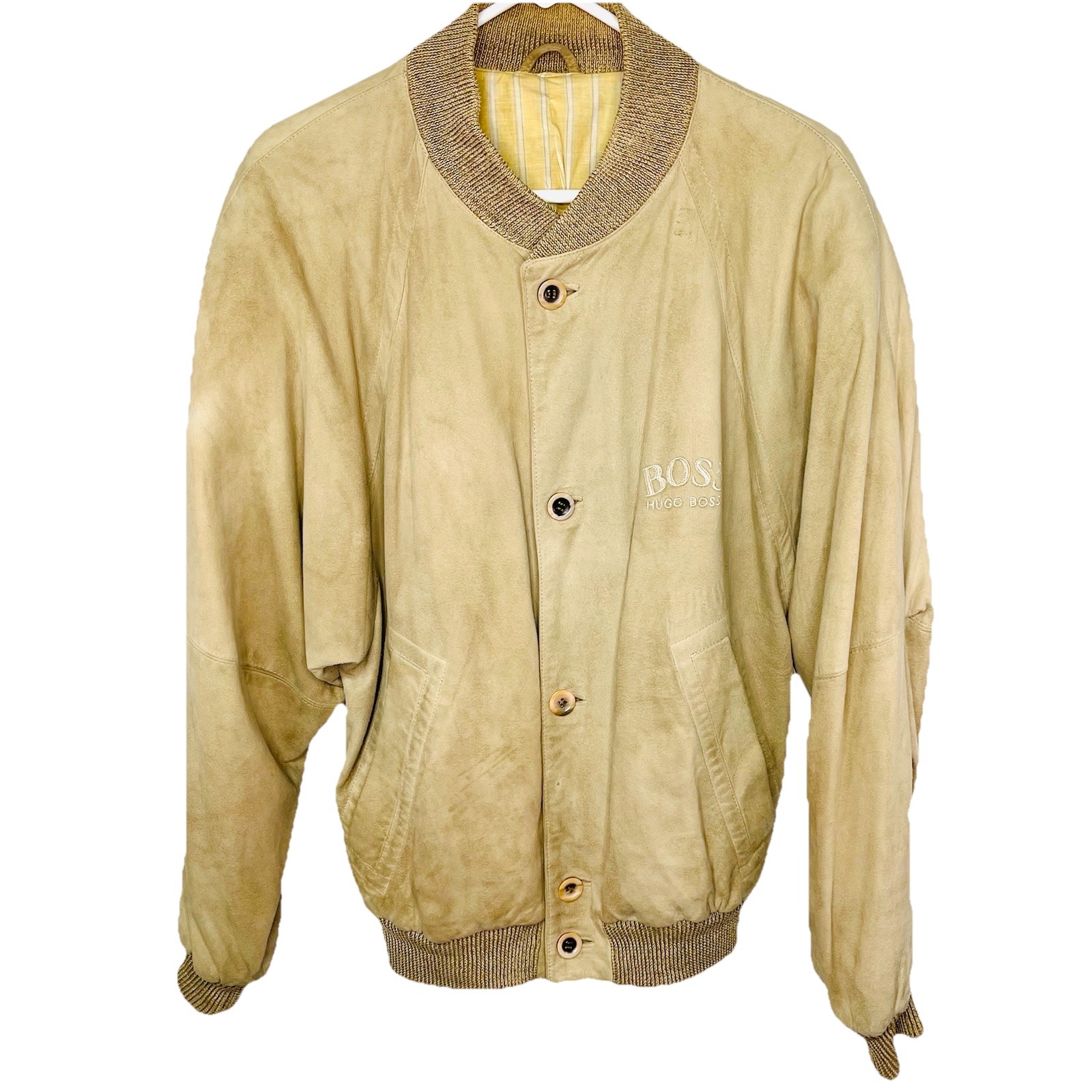 Hugo Boss 80’s Batwing Sleeve Suede Leather Bomber Jacket Tan Large Italy thumbnail 2