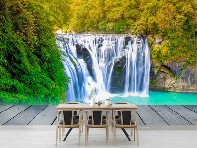 3D Nature Green Trees Waterfull Self-adhesive Removeable Wallpaper Wall Mural