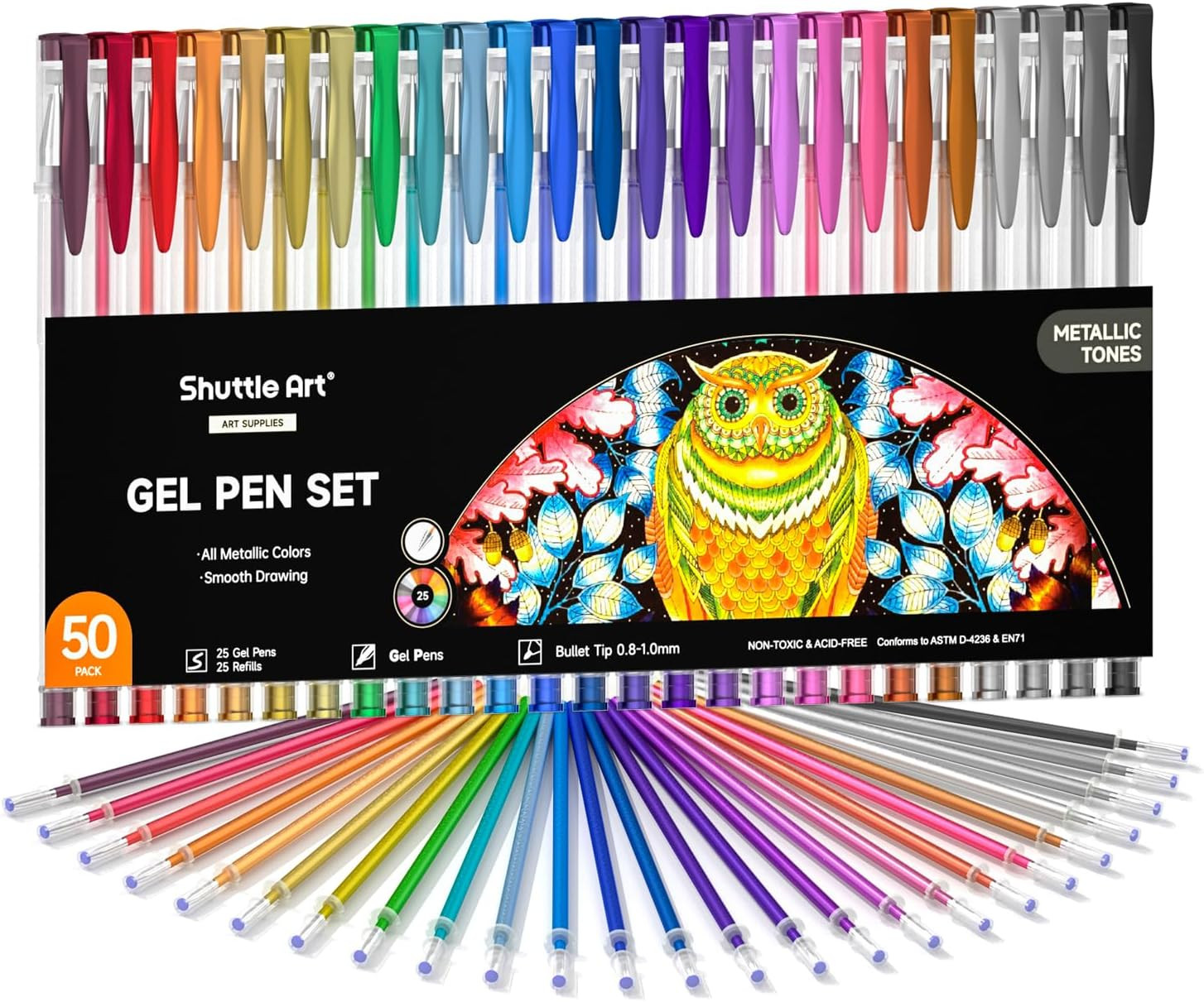 50 Pack Metallic Gel Pens Set with 25 Refills for Coloring, 