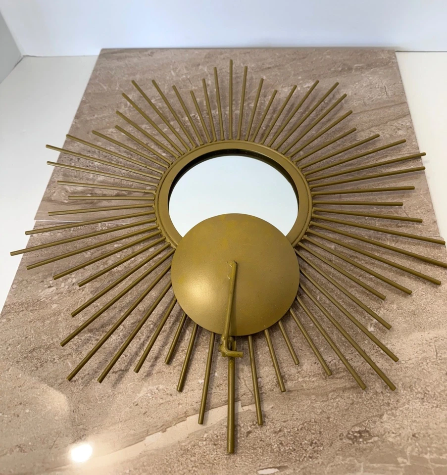 Large Sunburst Mirror with Fold Up Candle Holder 14" Golden Metal MCM Decor - Image 4 of 4