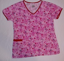 CHEROKEE Scrub Top Sz XS Pink FLOWERS Hearts SS Shirt Cotton V-Neck Style 2846C