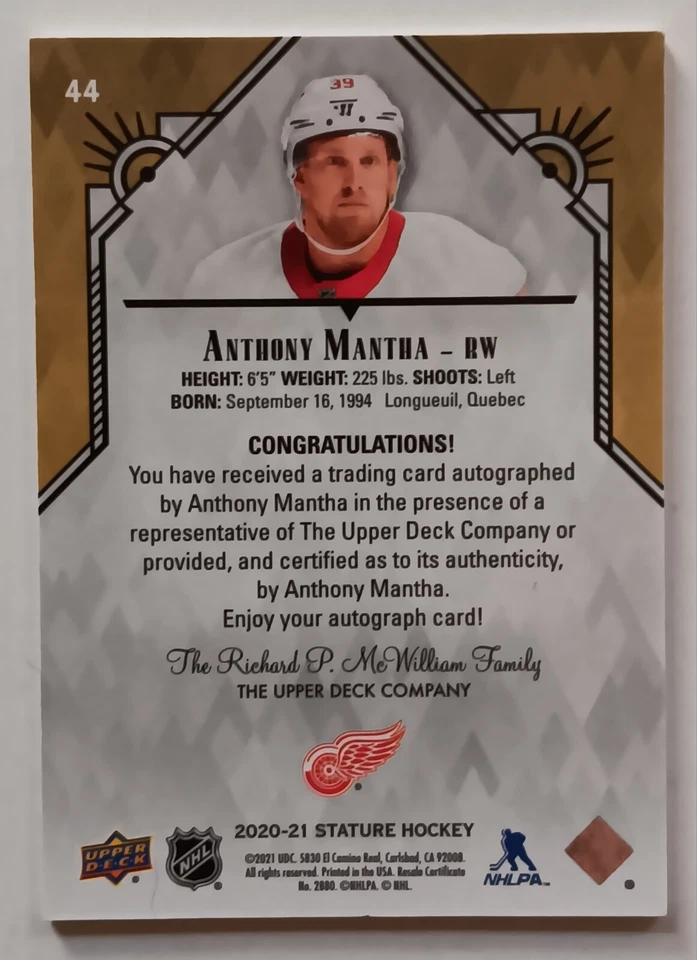 2020-21 Upper Deck Stature Autographs Red Anthony Mantha /35 Red Wings Penguins - Image 2 of 2