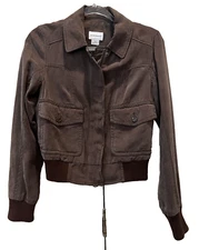 Club Monaco Bomber Jacket Brown Front Pockets Women's Size Small Zip Up & Snaps