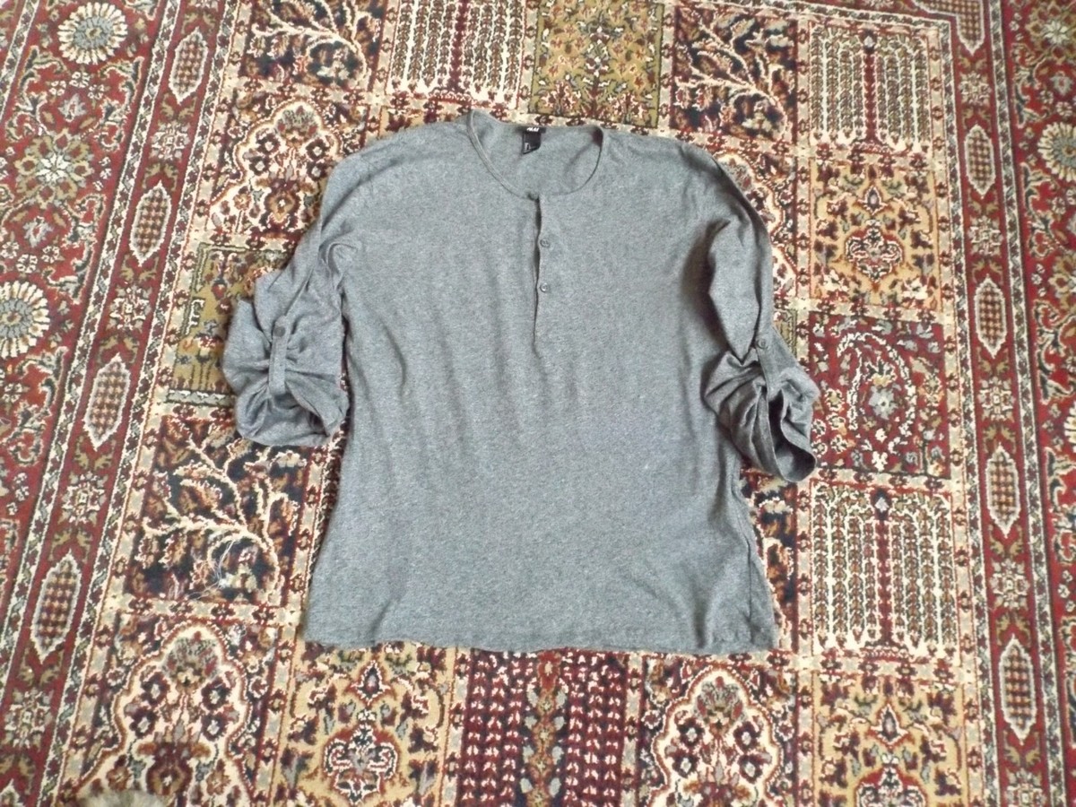 H&M Gray Long gathered sleeves Buttons front knit Top Shirt