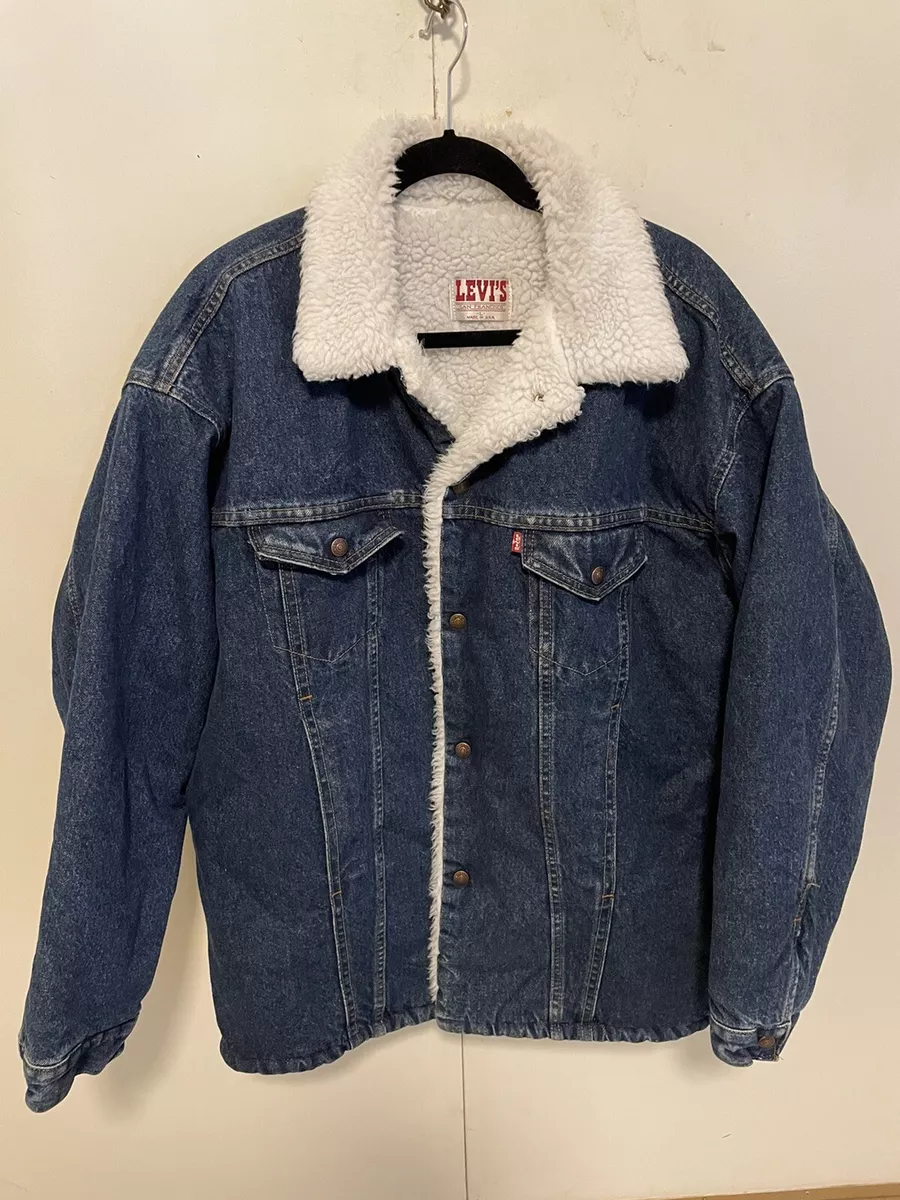 Vintage Levis Sherpa Lined Denim Jacket Size L Men Blue Trucker Jean faux  fur