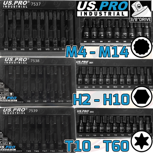 US PRO By BERGEN 31-Piece 3/8" Drive Impact Hex Torx Spline Bit Socket Set – S2 Steel Bits, Cr-V Sockets