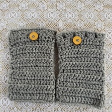 Crochet Boot Cuffs Handmade Tall Boot Toppers Gray with Wood Button Lacy Top