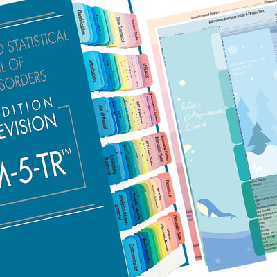 DSM 5 TR Tabs & Index, 94 Laminated Color-Coded Tabs & 18 Pastel Blank Stickers 