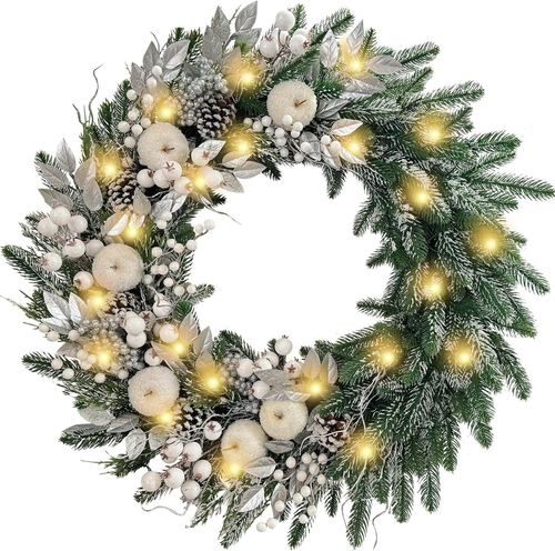 Pre-Lit 30 Inch Large Christmas Wreath for Front Door with 50 Led Lights,Silver - Afbeelding 11 van 12