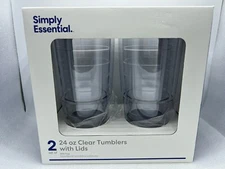 Simply Essential 24 Oz Clear Tumblers Set Of 2 Cups With Lids Brand New In Box